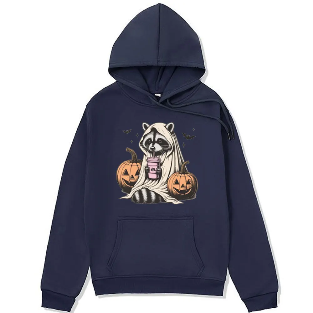 Funny Halloween Sweatshirt Cute Raccoon Ghost Hoodies Men Retro Spooky Season Gift Pumpkin Fall Oversized Hooded Pullover Y2k