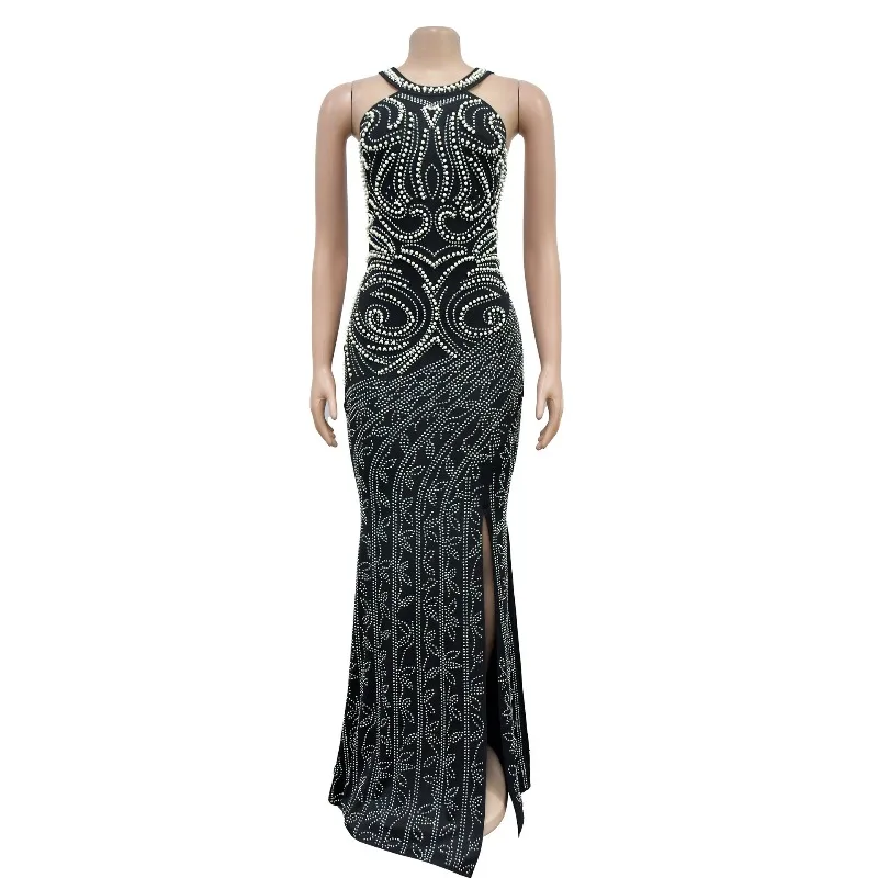 Luxury Pearls Diamonds Rhinestone Evening Dresses Women Wedding Elegant Halter Backless Night Club Party Mermaid Long Dresses