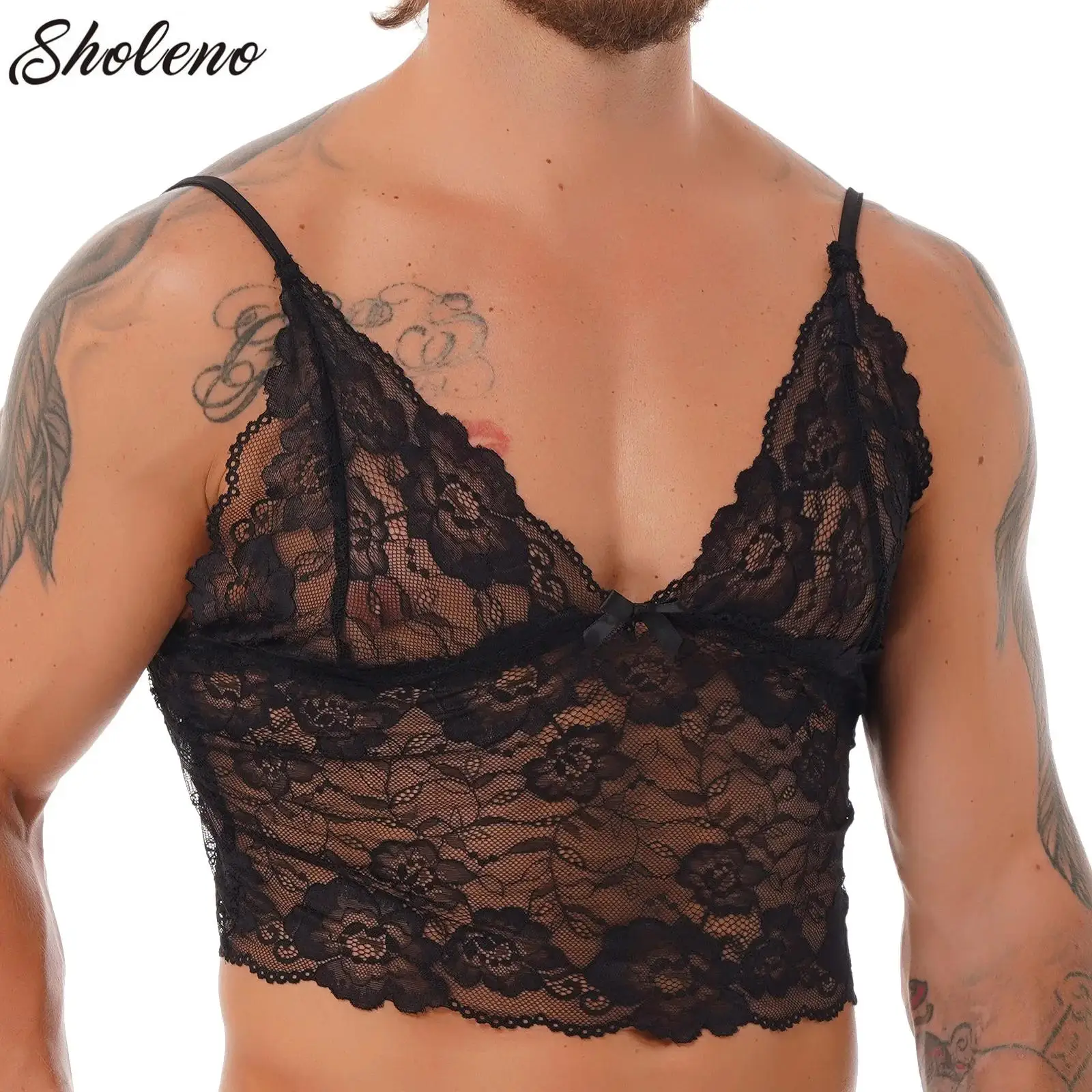 

Men's Sexy Sheer Lace Vest Porn Transparent T-Shirt Stage Club Costume Sex Lingerie Deep V Neck Sissy Crop Top Camisole