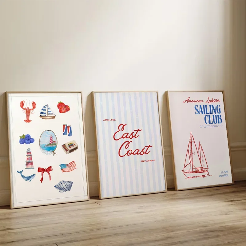Póster del extranjero Pop del alfabeto del velero de la costa este, Nantucket costero, capa de bacalao, pintura en lienzo, arte decorativo de pared para dormitorio