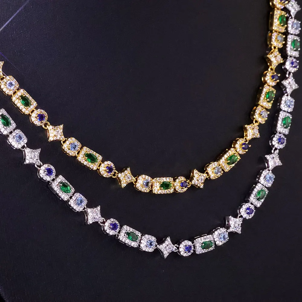NY High Quality 6mm Iced Out Diamond Star Chain Necklace Colorful Geometric Blue/Green/White Zircon Chain Hip Hop Fine Jewelry
