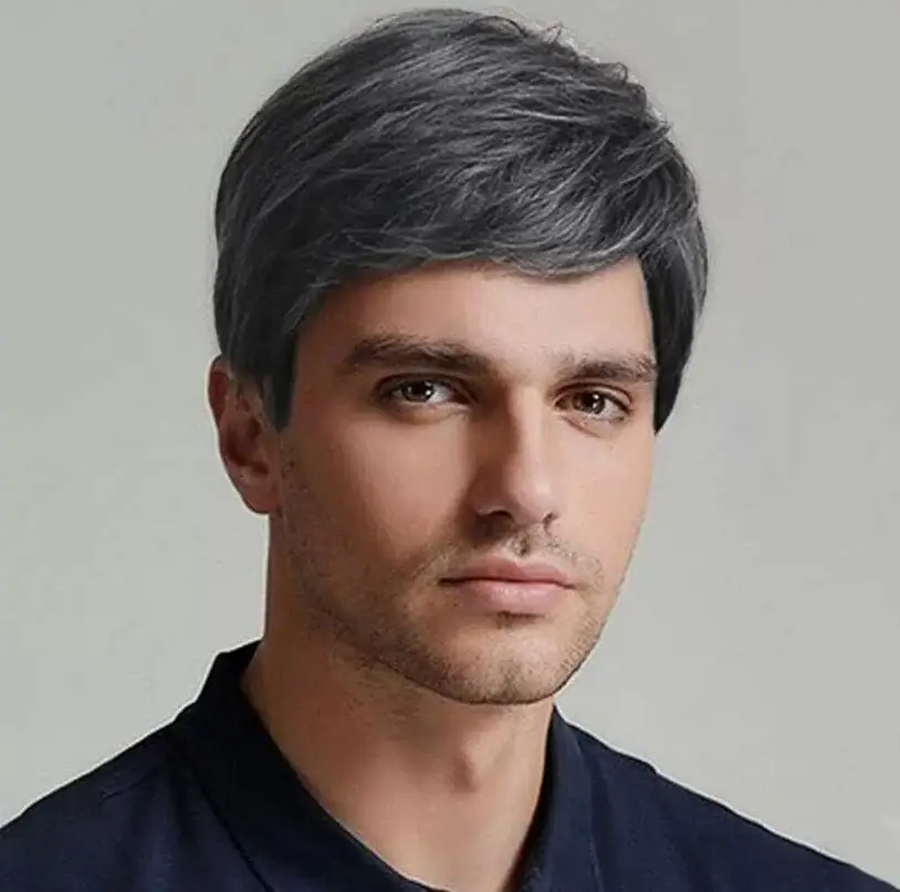 Short Black with Gray Men's Wig Natural 100% Human Hair Wig for Male Natural Wig