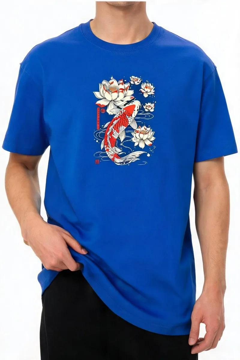 Japanese Ukiyo-e Koi Lotus Graphic Tee 100% Cotton O Neck Oversized Casual Top Unisex Oriental Lucky Animal Streetwear Soft