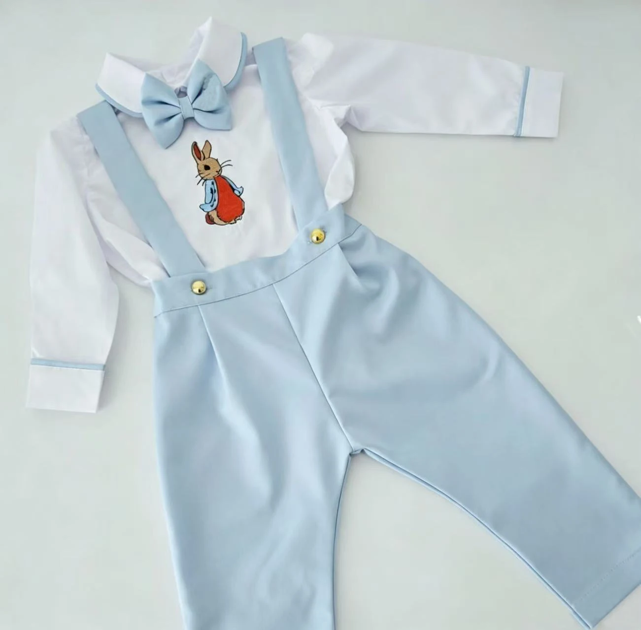 Autumn Light Blue Cotton Long Sleeves Boy Set with Cute Rabbit Embroidery for Easter Birthday Holiday Party Photography B592