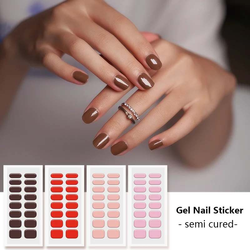 16 Tips New  Solid  Color  Semi-cured  Nail Stickers Full Cover UV Lamp Need  Nail Art Decorations Nail Decals