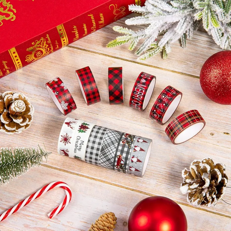 12 rotoli di nastro adesivo Washi natalizio plaid albero di Natale fiocco di neve gnomo camion nastro Washi Natale classico rosso nero adesivo decorativo T