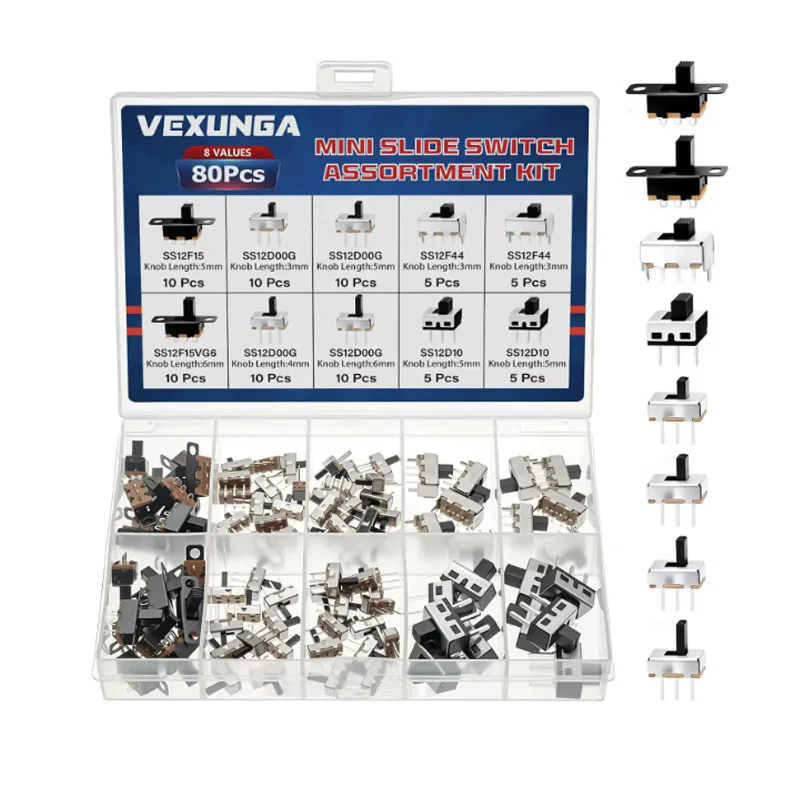 80 PCS through-hole miniature power 3-pin slide switch with 2 positions  SS12F15 mini Slide Swtich Assortment kit