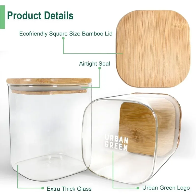 Glass Jars with Bamboo Lids, Square Glass Jar with airtight lids of 6 pack of 28oz, Square glass storage jars with airtight lids