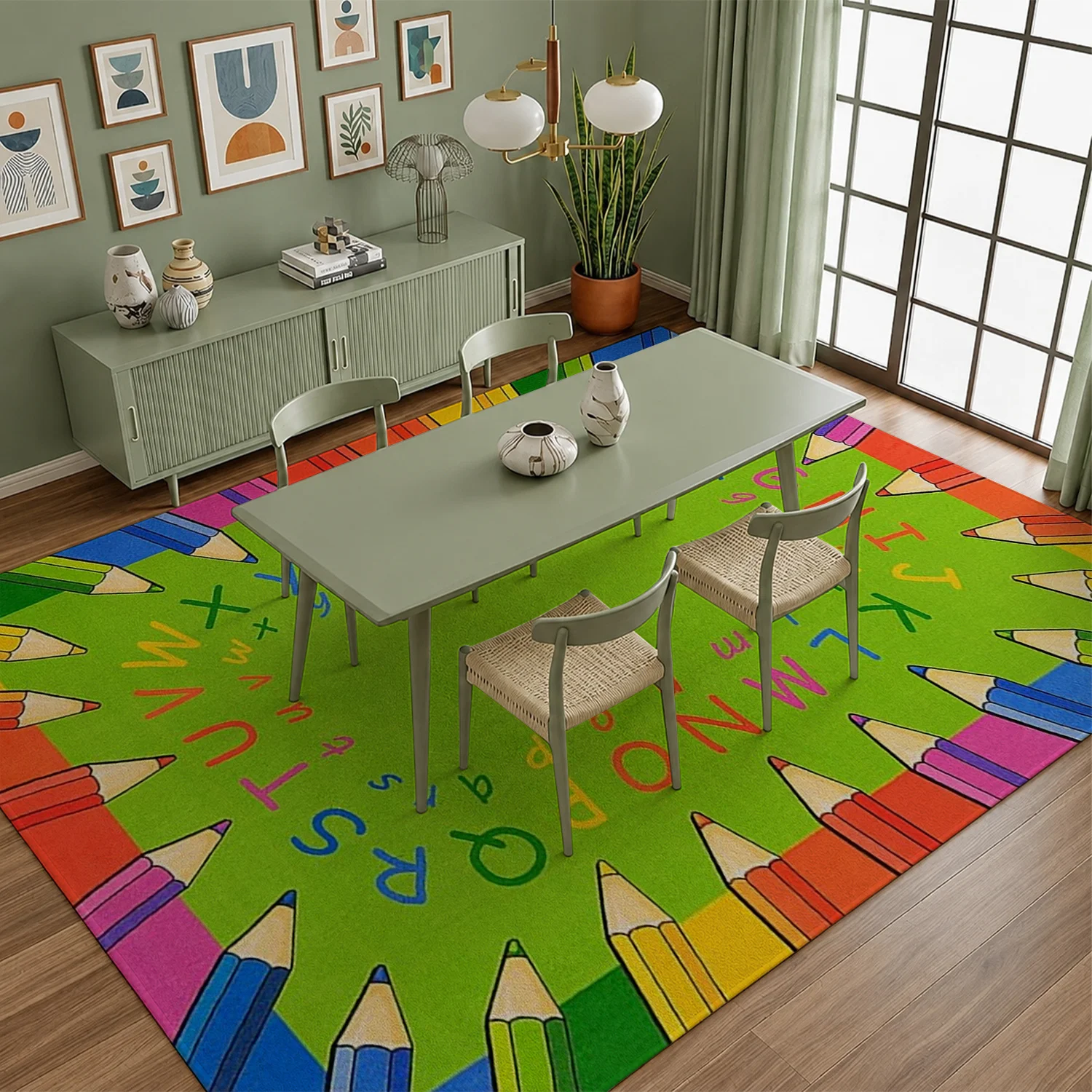 Large Indoor Area Rug, Soft Velvet Low Pile Rug with Colorful Crayon & Alphabet Pattern, Non-Slip Dotted Backing, Machine Washable, Ideal for Kids' Playroom, Bedroom, Classroom, Bright and Playful Design for Children's Spaces