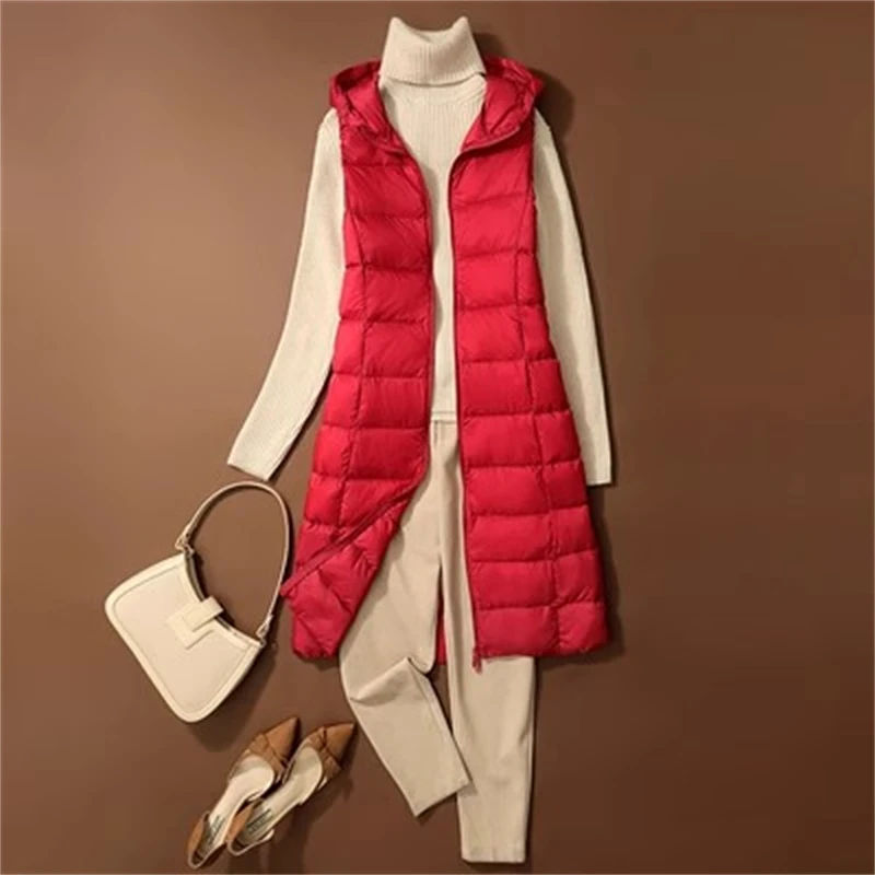 

Sanishroly 2023 Winter Women Warm Hooded Long Waistcoat Ultra Light Thin White Duck Down Vest Coat Female Sleeveless Tank Parkas