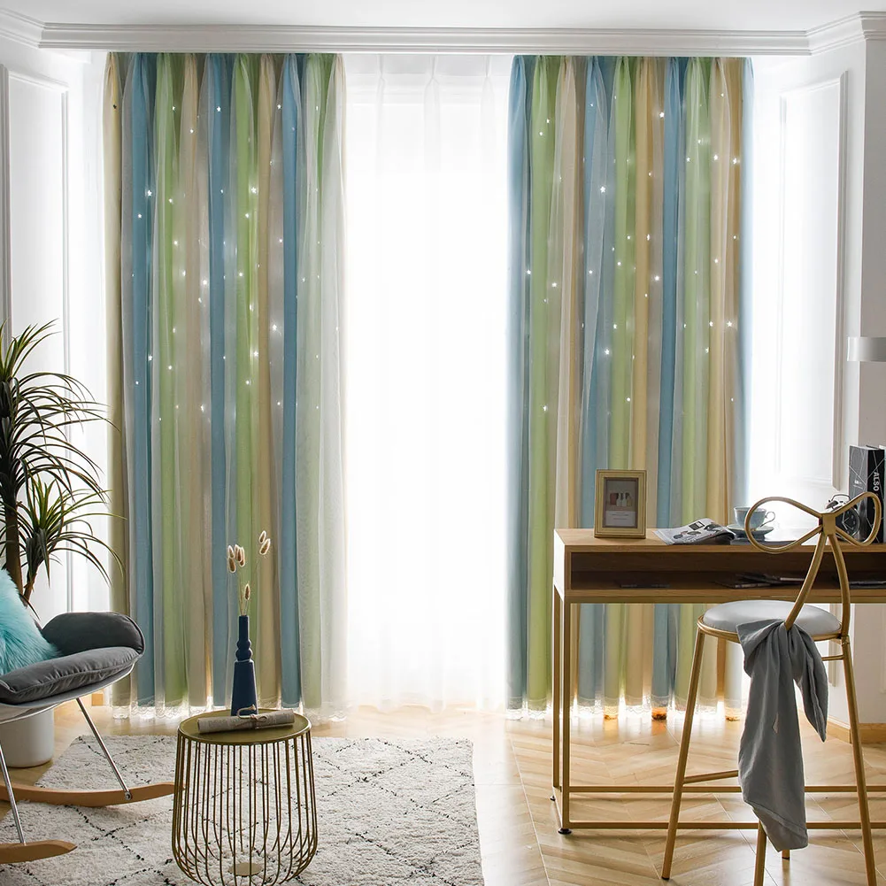 1PC Nuan Series Double Layer Hollow Out Star Blackout Curtain Tulle Sheer Voile for Kids Childrens Bedroom Background