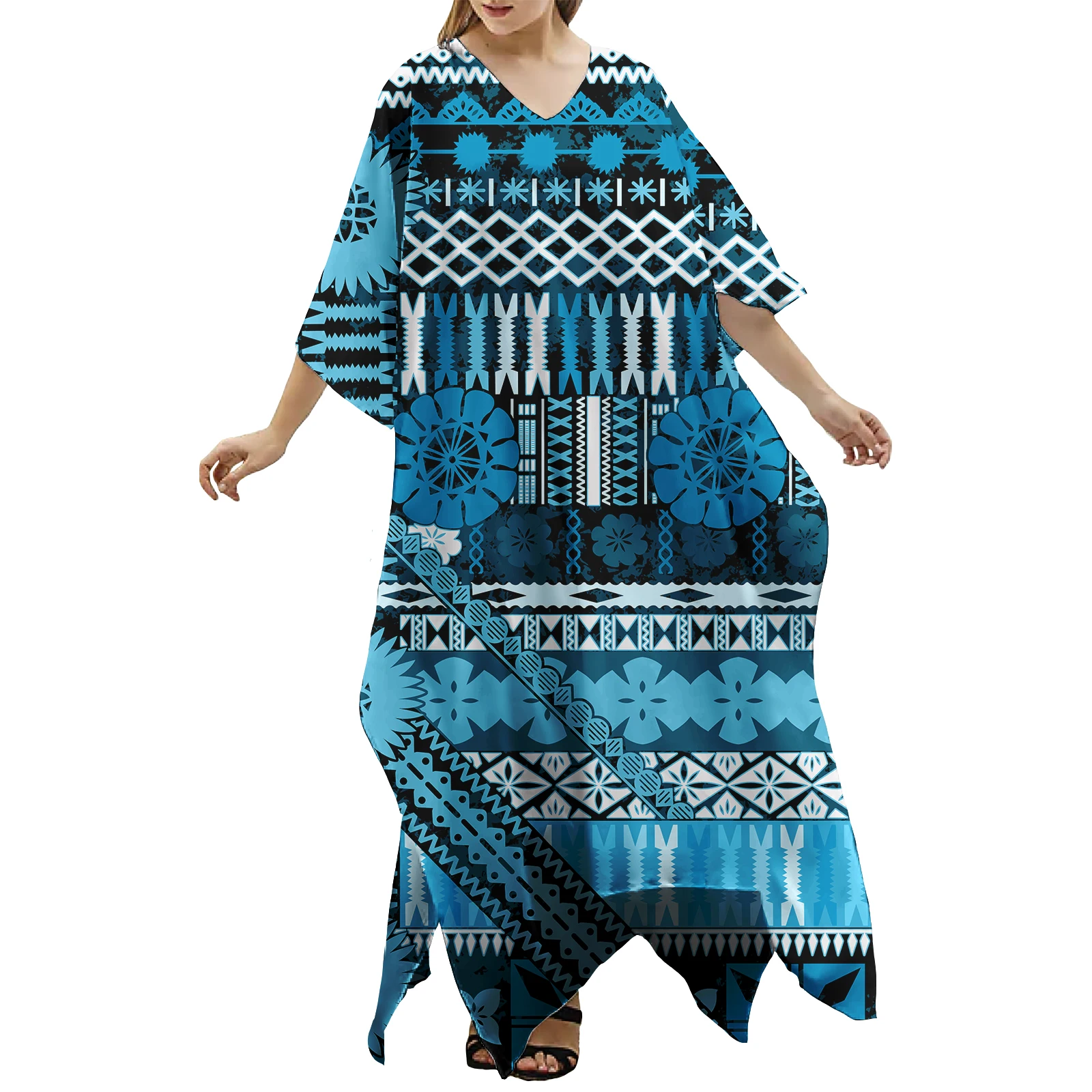 Fashion Puletasi Short Sleeve Samoa Hawaii Dress Polynesian Tribal Tatau Pattern Midi Kaftan Dress for Women