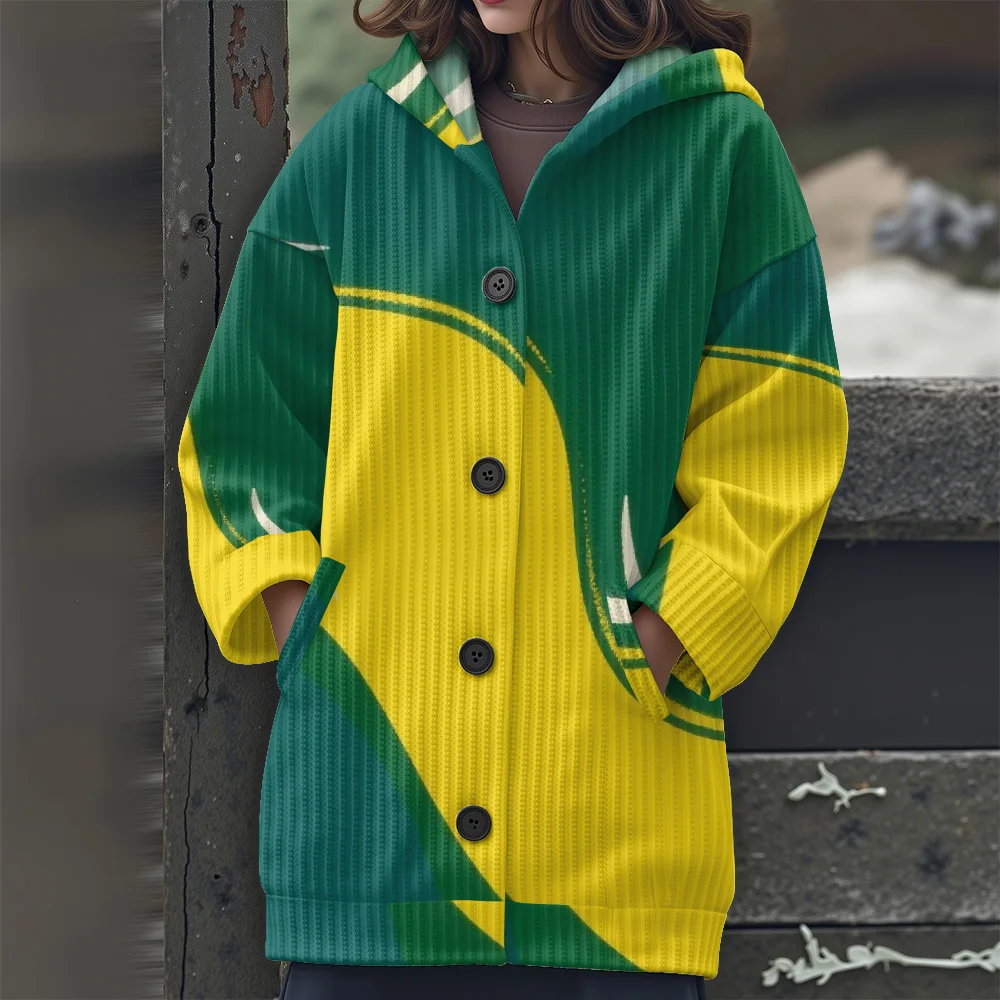 

Длинный свитер с цветной геометрией, новинка 2025 года, женский свитер с капюшоном, повседневный женский свитер с абстрактной геометрией