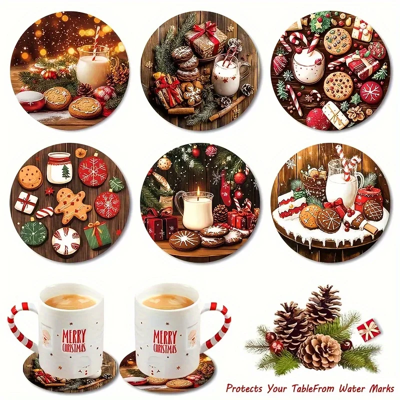 6PCS 2D Retro Festive Christmas Elements Wooden Coaster Office Home Decor Party Seasonal Decoration Christmas New Year Decor