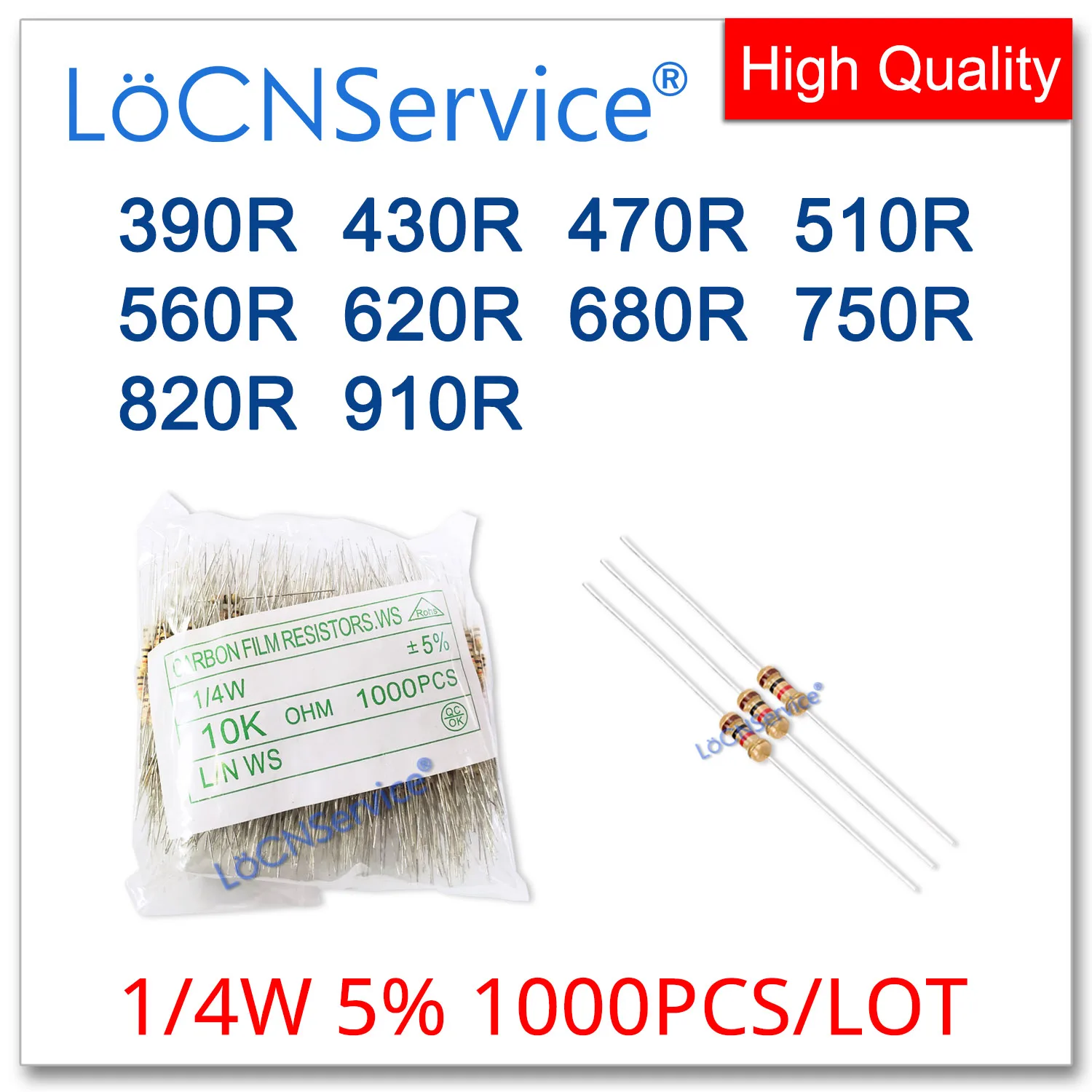 LoCNService 1000 TEILE/LOS 5% 1/4W 390R 430R 470R 510R 560R 620R 680R 750R 820R 910R Carbon Film Widerstand DIP OHM