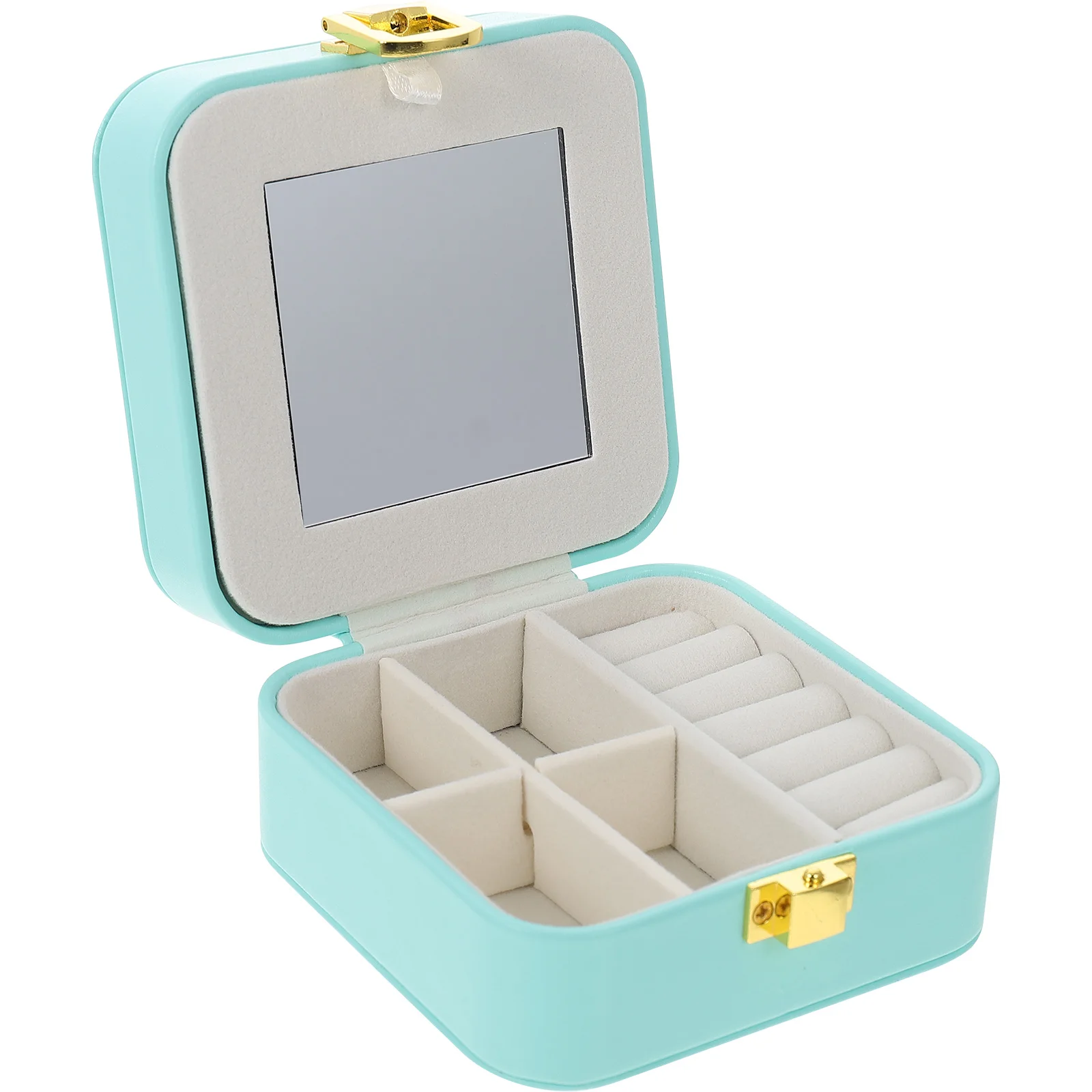 

Jewelry Box Girls Blue Travel Case Mirror Ring Necklace Earrings Storage Durable Small Accessories Bridesmaid Present Portable