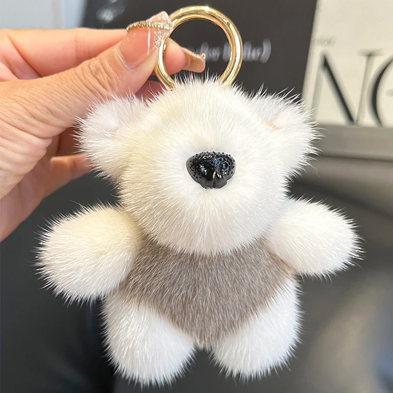 Cute Mink Fur Bear Toy Keychain Accessories Car Key Chain Charm Cartoon Bag Pendant Ornaments Fashion Girls Gift