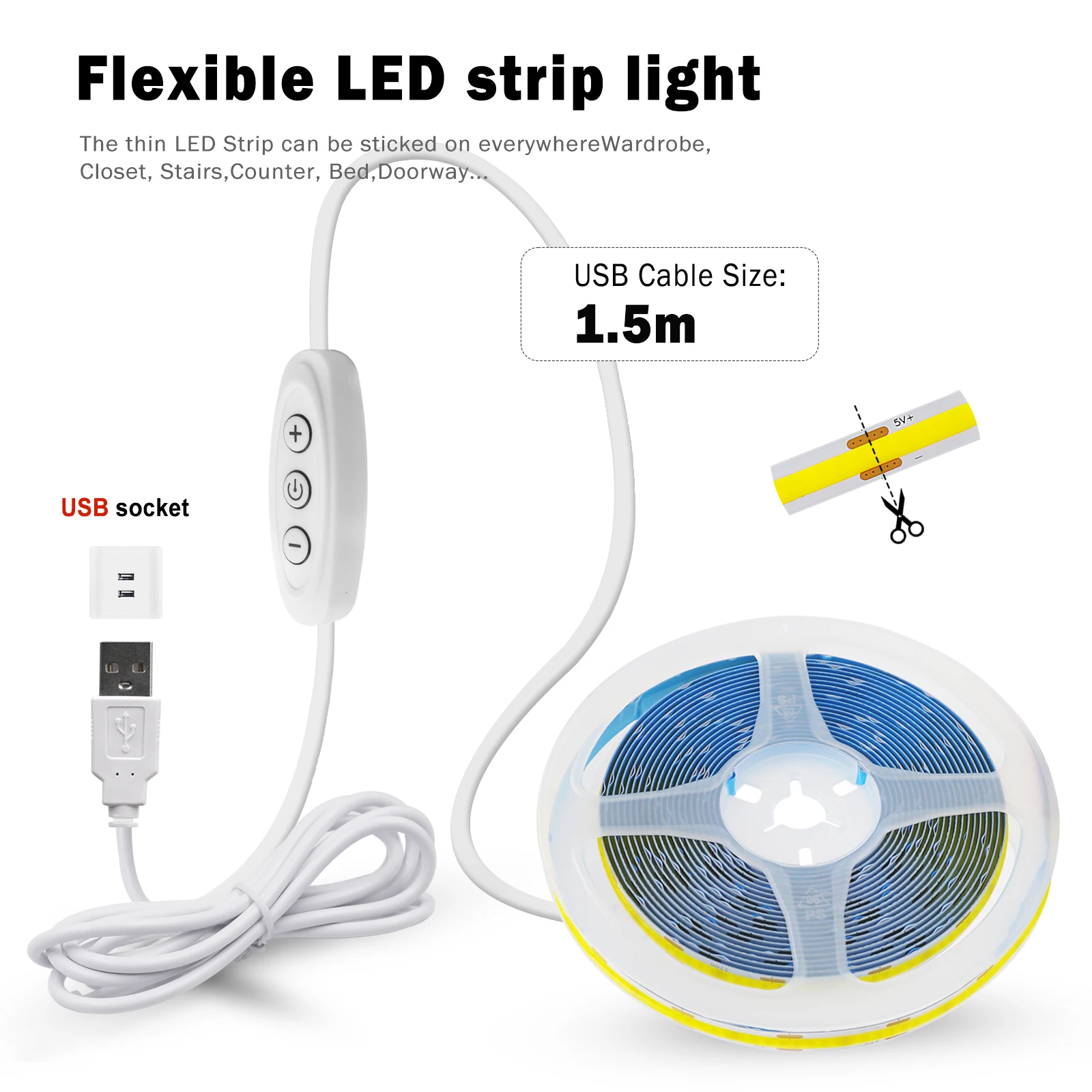 DC5V 9 Colors COB LED Strip with Dimmable Switch Control 1/2/3/4/5M 320 Leds/m COB Strip Light For Home Cabinet Decor Lighting