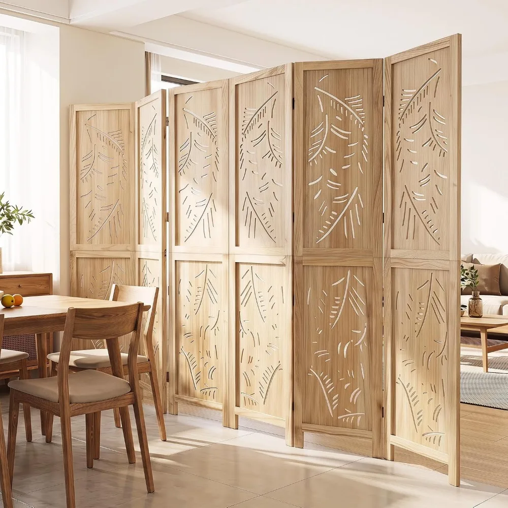 6 Panel Boho Room Divider with Carved Palm Leaf Pattern, Natural
