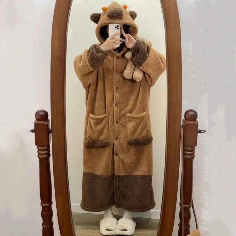 Kawaii Capybara Winter Pajama Cartoon Animal Soft Plush Jumpsuit For Adults Cute Velvet Pajama Night Robe Cosplay Suit Gifts