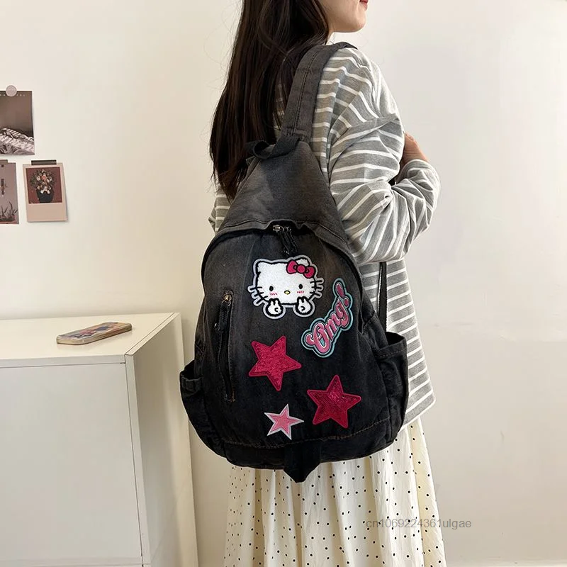 Sanrio Hello Kitty Fashion Book Bag Y2K Spicy Girl Style Cowboy Backpack Cartoon Large Capacity Versatile Student Shoulders Bag