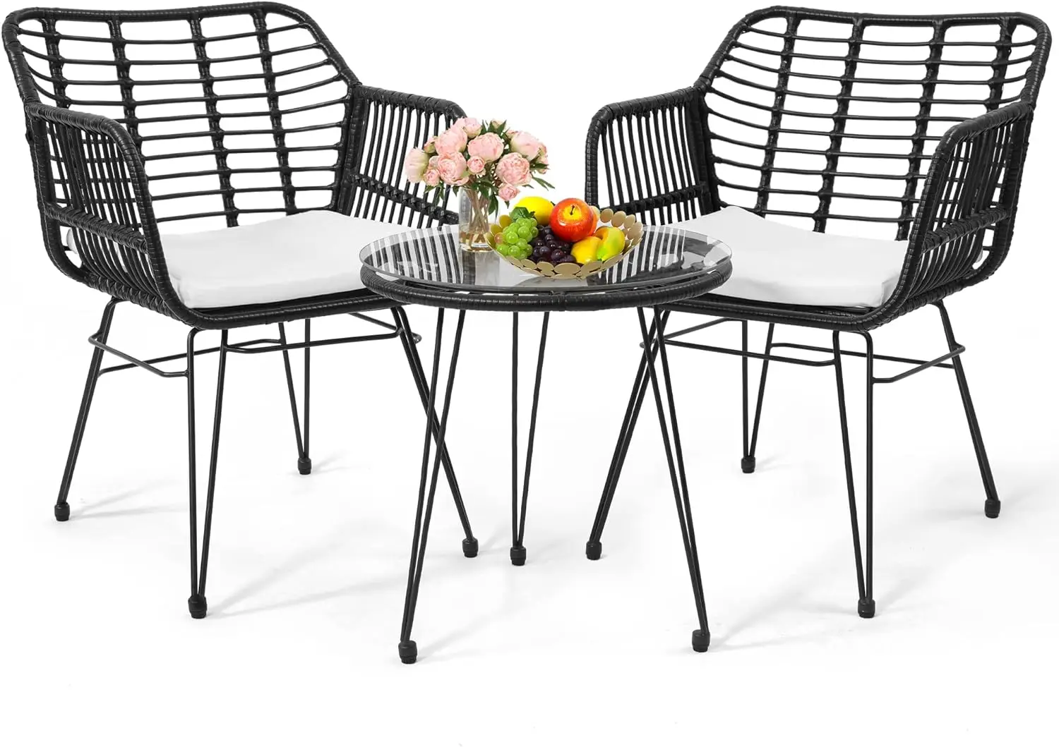 Comfort corner 3 Pieces Wicker Patio Bistro Furniture Set,Includes 2 Chairs and Glass Top Table,Ideal for Porch,Outdoor,Backyard