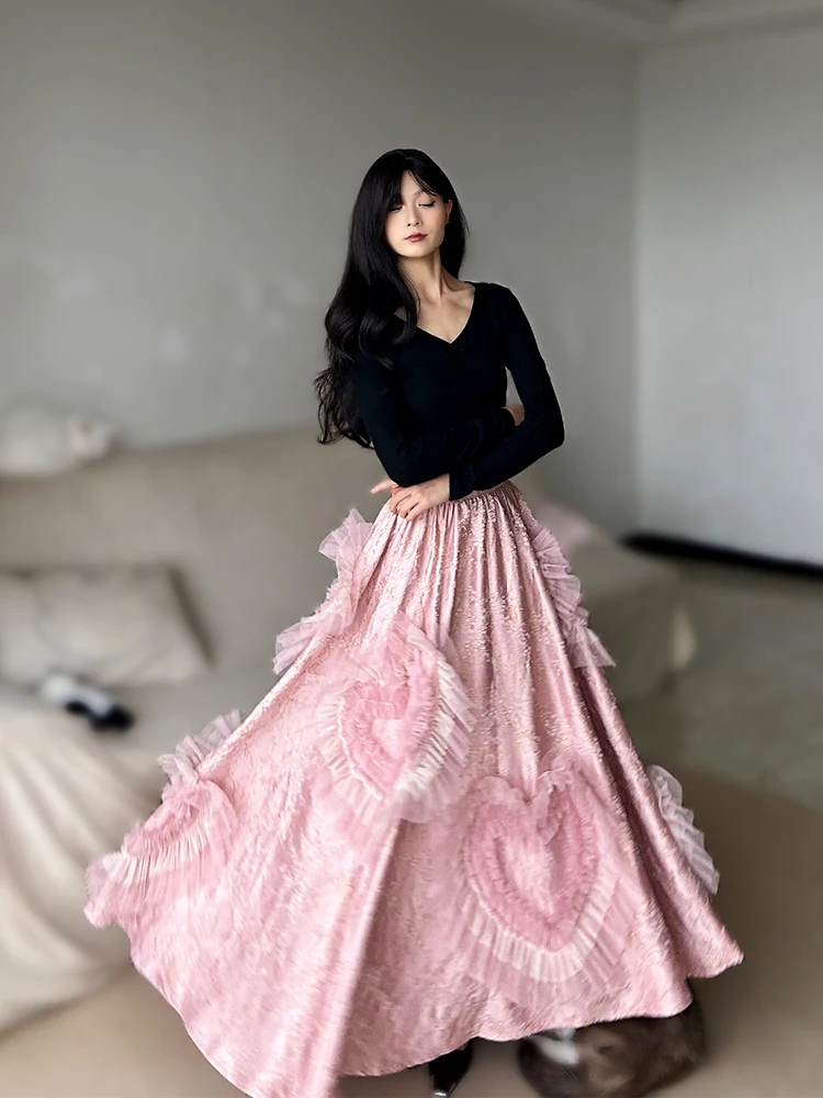 TIYIHAILEY Satynowa Różowa Elastyczna Talia XS-XL Linia A Kwiaty Damskie Wysokiej Jakości Wiosna Jesień 2025 Nowe Modne Spódnice