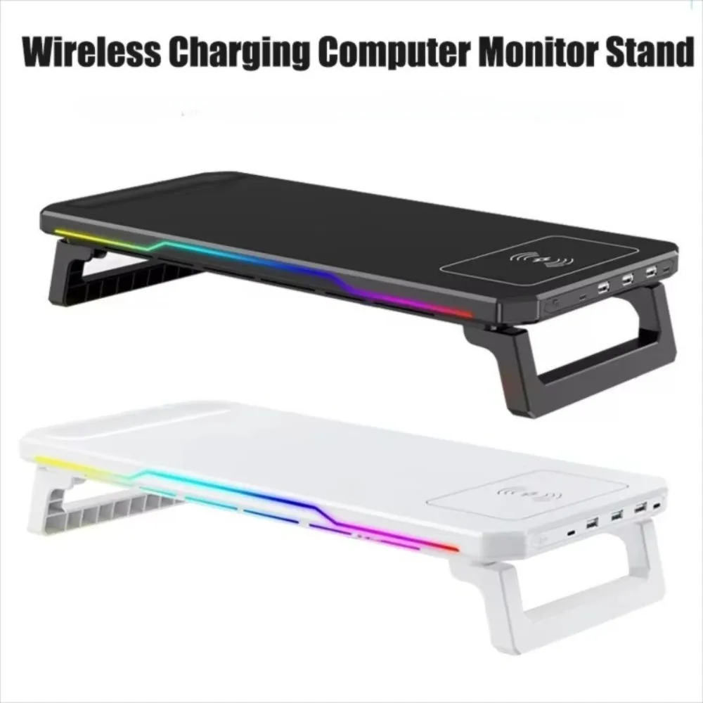 

New 3 USB 2.0 Ports PC Monitor Stand Type-C with RGB Light Laptop Monitor Holder Wireless Charging Ergonomic Laptop Storage Rack