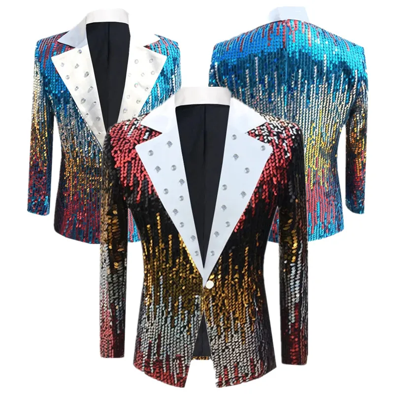 

2025 New Fashion Men Sequins Suit Slim Fit Jacket Host Singer Pianist Stage Performance Luxury Dress One Button Blazer