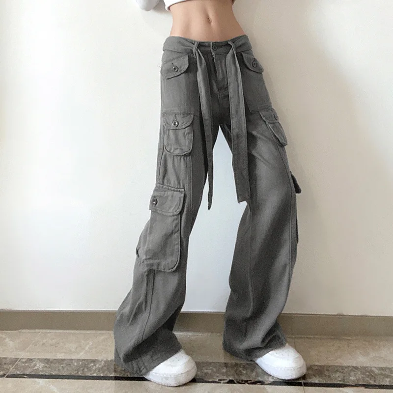 2024 Solid High Waist Women Pants Chic Fashion Harajuku Bandage Low  Wide Leg Trousers Pocket Patchwork Pantalones