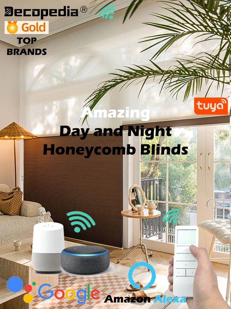 Decopedia Motorized Honeycomb Blinds Smart Motorized Day and Night Blinds Cellular Shades for Windows Google Alexa Compatible