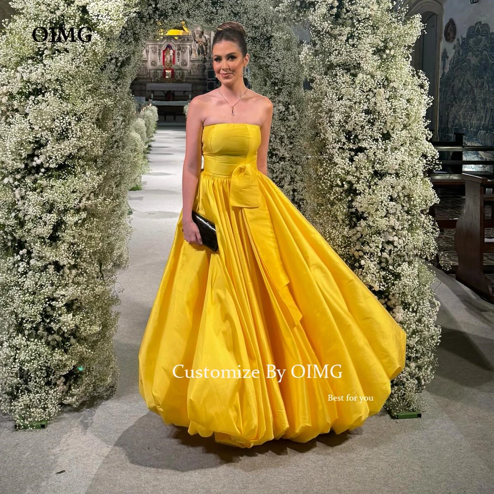 

OIMG Chic Yellow Prom Dresses A Line Dubai Elegant Woman Gowns Floor Bow Saudi Strapless Long Wedding Party Dress of Guest