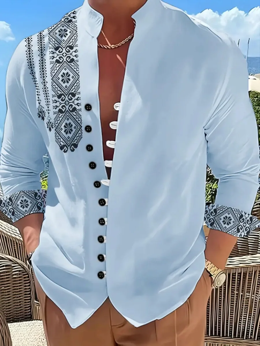 

New linen shirt men's button fashion trend pattern slim fit, comfortable and soft brand new retro top