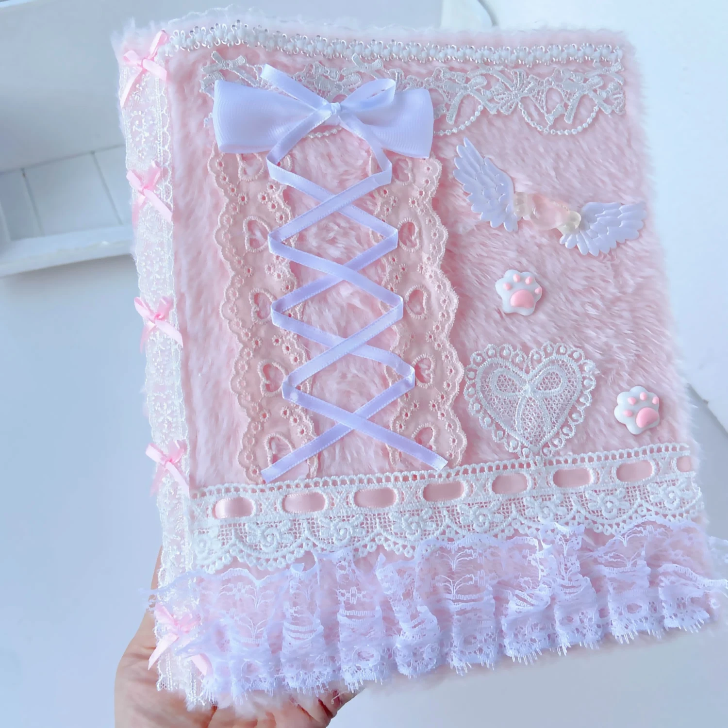 A5 Pink Plush Kpop Photo Card Binder Cute Wings Ballet Ribbon Sweat Girl\'s Present Lace Decoration Booklet Idol Postcard Album