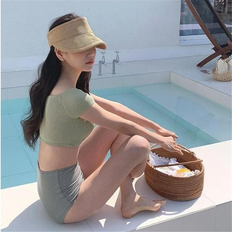 Women High Waisted Swimsuits Bikini Set Bathing Suits Female Solid Swimwear Biquinis Korean Style Swim Bath Cloth Beachwear