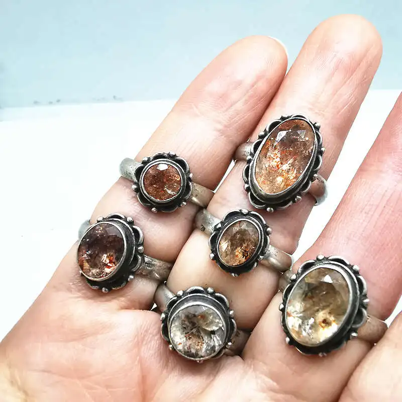 925 Silver Inlaid Strawberry Quartz Flower Rings for Lady Nepal Vintage Jewelry T9121