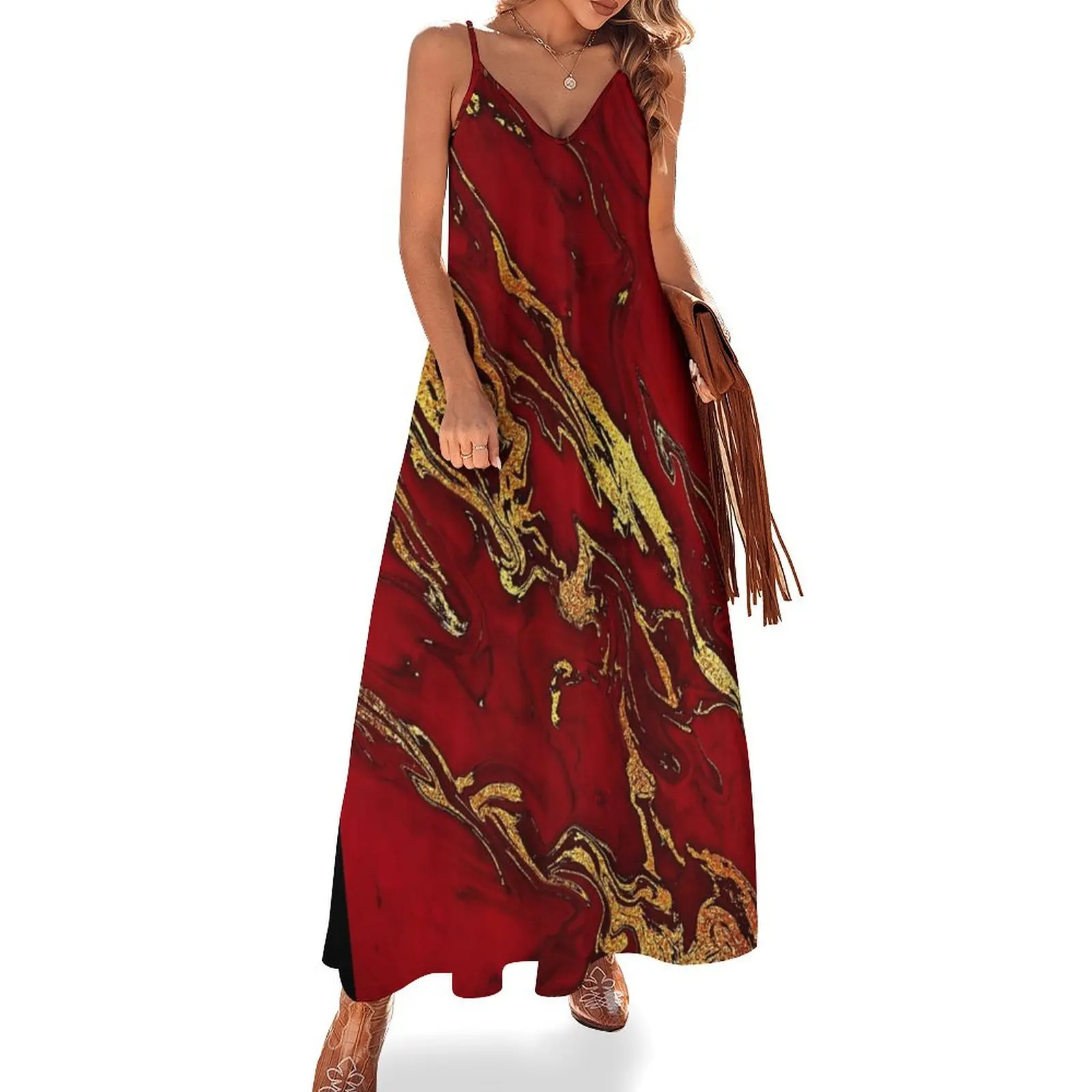 

Faux Fire Red And Gold Marble Sleeveless Long Dress Dress for pregnant women Female clothing Dress