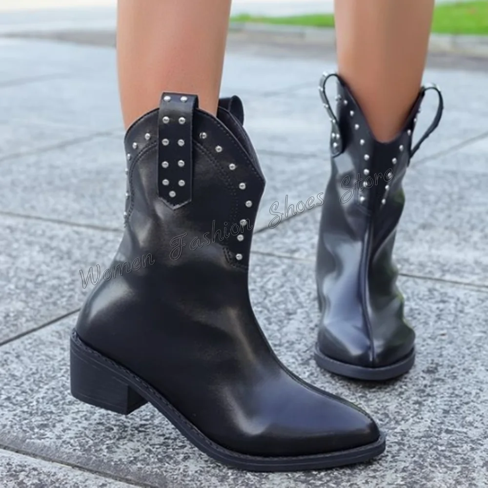 Botas puntiagudas decorativas con remaches Para mujer, Zapatos de tacón alto y grueso de cuero mate, novedad de 2024