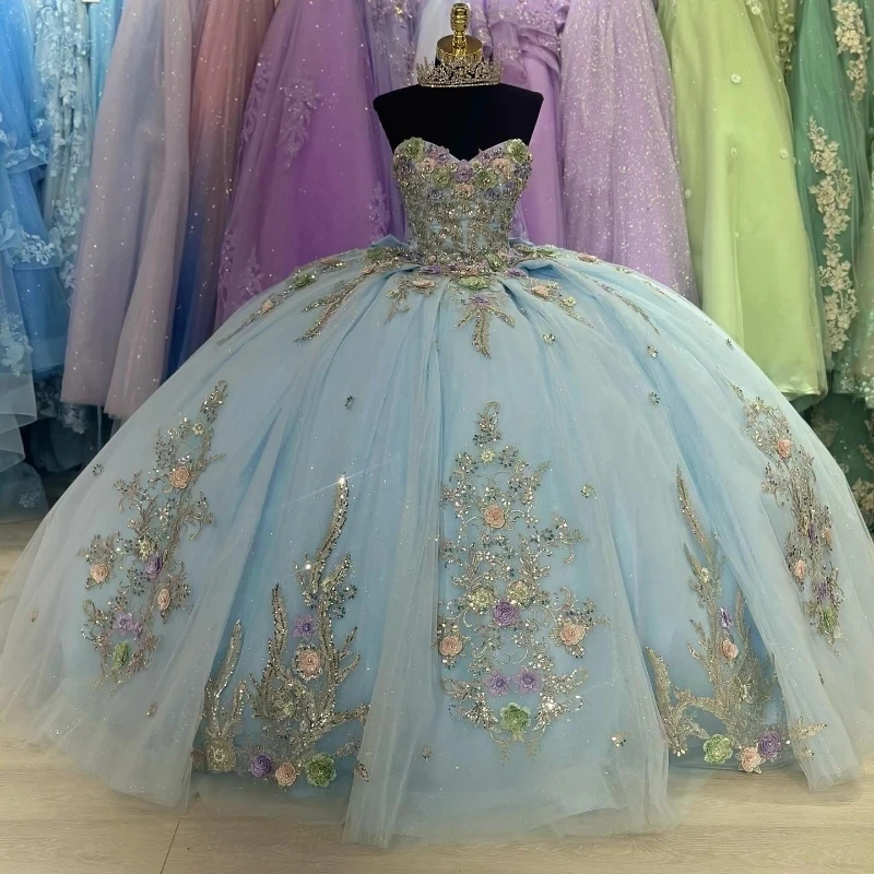 

Sky Blue Quinceanera Dress Mexican Vestidos De 15 Applique Lace Tull Princess Sweet 16 Birthday XV Ball Gown Cinderella Girl