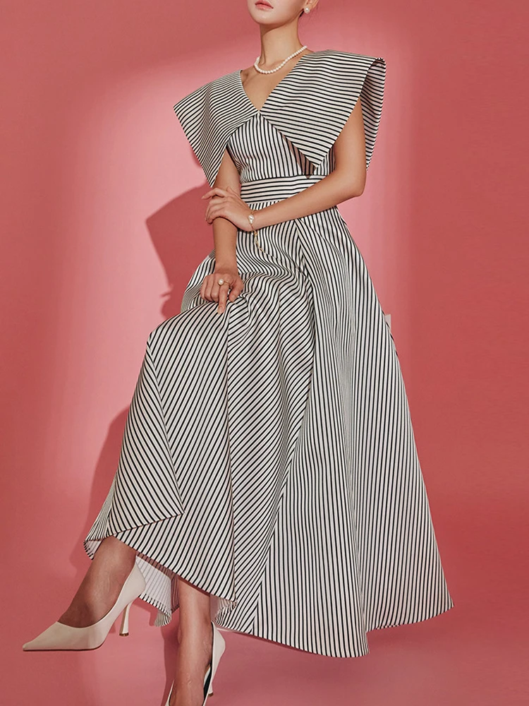 VGH hit color striped dresses for women v neck sleeveless high waist patchwork ruched a line dress female summer clothing new