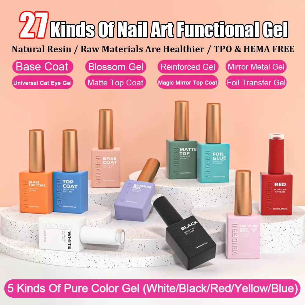 Vendeeni 27 Kinds UV Functional Gel Nail Polish Base Top Coat Mirror Metal Gel Universal Cat Eye Gel Builder Gel Black White Gel