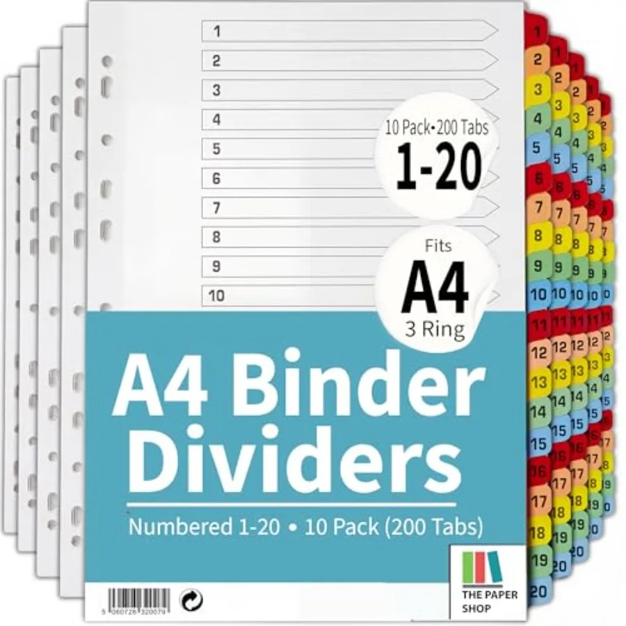 

Binder Dividers with Tabs -20 Numbered A4 0 Pack Dividers for Ring Binder Numbered Tab Dividers for Office School and Home Orga