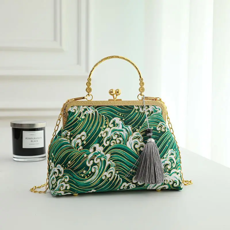 Bolso con flecos Vintage de estilo antiguo para mujer, bolsos de concha pequeña, bolso de hombro tipo bandolera con cadena, bolsos elegantes con estampado de grulla