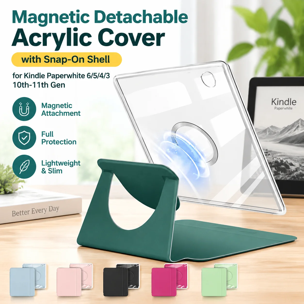 Magnetic Detachable Acrylic Cover with Snap-On Shell for Kindle Paperwhite 6/5/4/3 10th-11th Gen