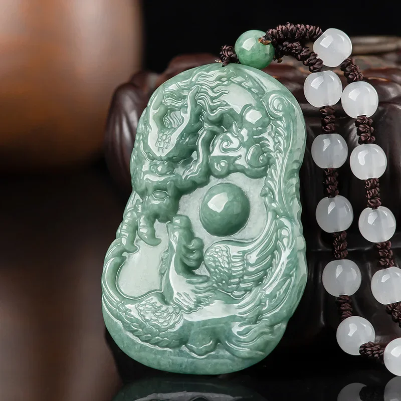 Jia Le/Hand-Carved/Natural Jade Dragon Phoenix Cheng Xiang Emerald Necklace Pendant Fine Jewelry Men And Women Accessories Gift