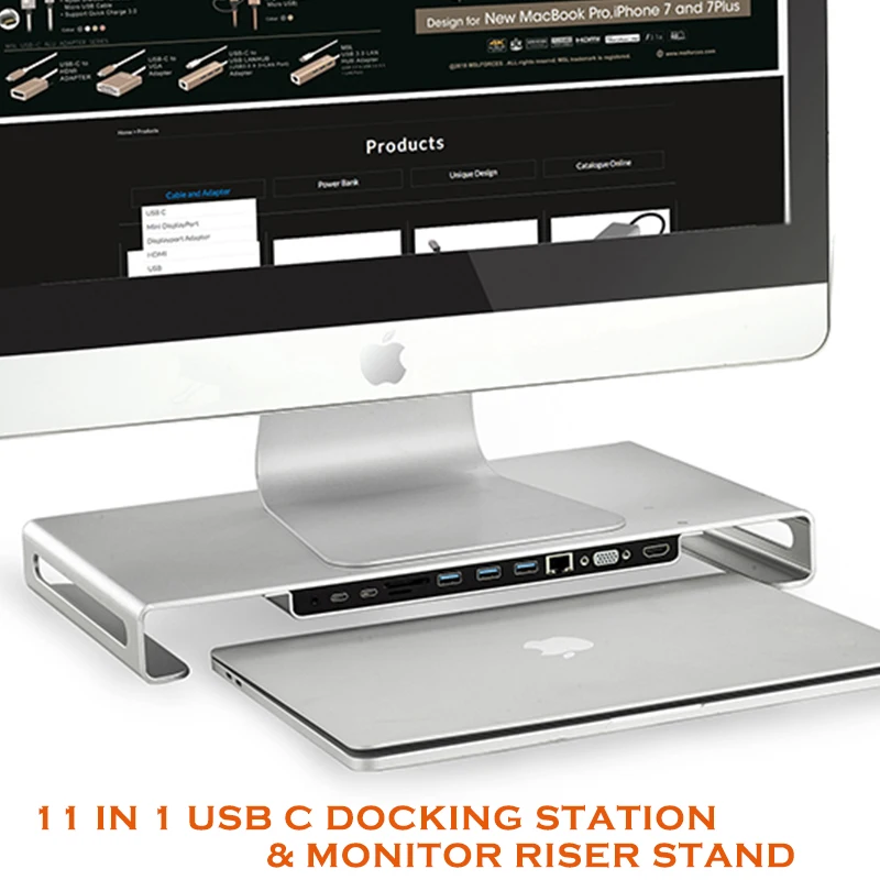 

aluminum monitor stand riser organizer Powerful 11 in 1 USB type-C Docking station for iMac iMac Pro MacBook 2019 Laptop Stand