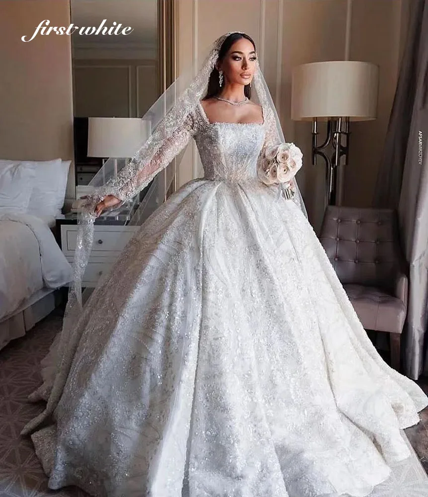 

Elegant Long Sleeve Princess White Wedding Dresses Arabic A Line Wedding Gowns Beaded Pearl Bridal Dress Women 2025 Bride Dress