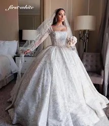 Elegant Long Sleeve Princess White Wedding Dresses Arabic A Line Wedding Gowns Beaded Pearl Bridal Dress Women Bride Dress