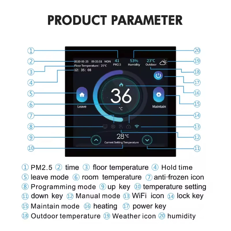 WiFi Smart Thermostat with CO2 and Humidity Sensor Temperature Controller Work for Electric Floor Heating Water/Gas Boiler