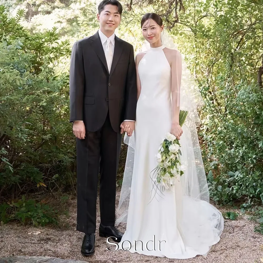Sondr High Neck Korean Mermaid Sleeveless Satin Wedding Dresses 웨딩드레스 Simple Ivory Customized Pretty Bride Gowns Plus Size